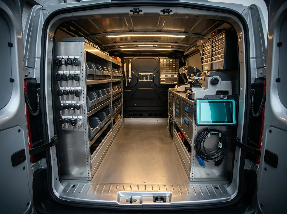 The organised interior of an automotive locksmith's mobile van with key-cutting machine, key blanks and transponder programming gear
