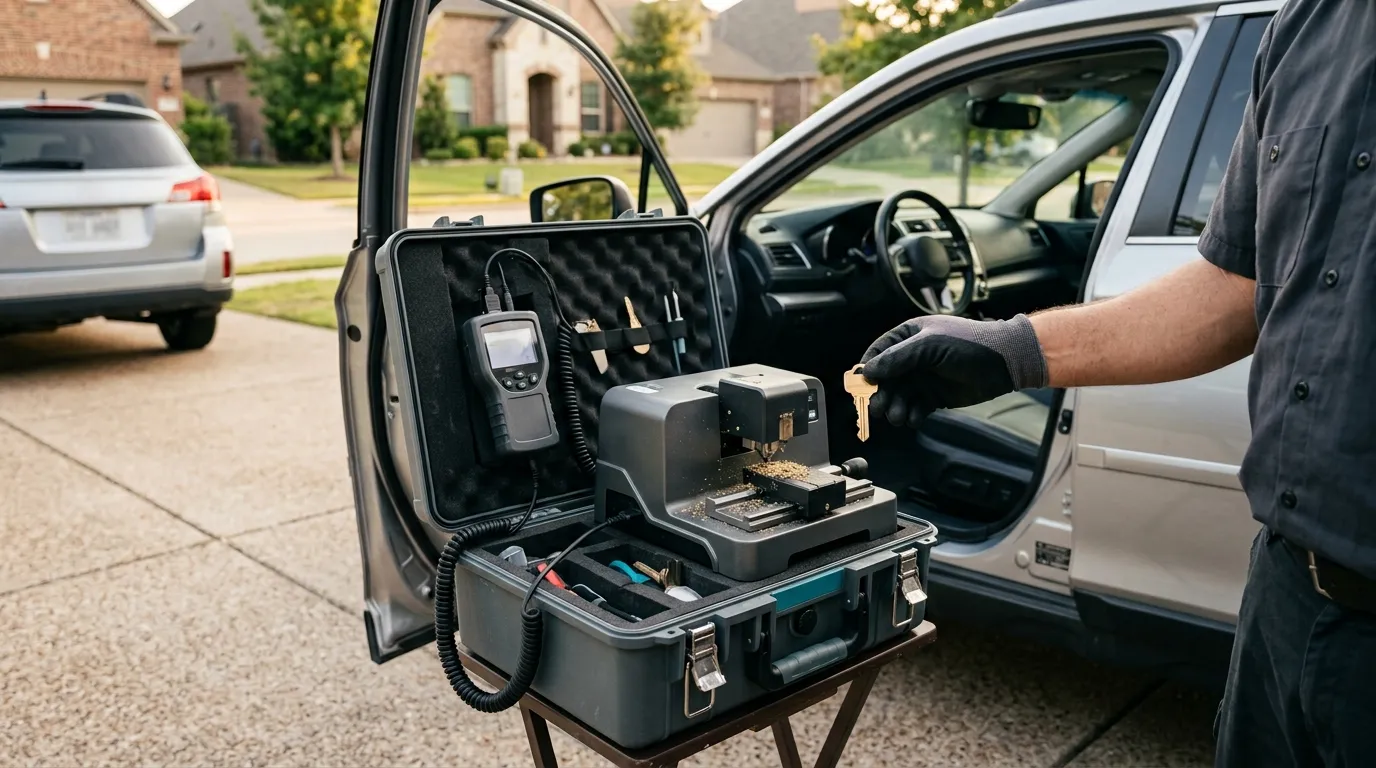 A mobile locksmith's key-cutting and programming equipment set up beside a car in a driveway