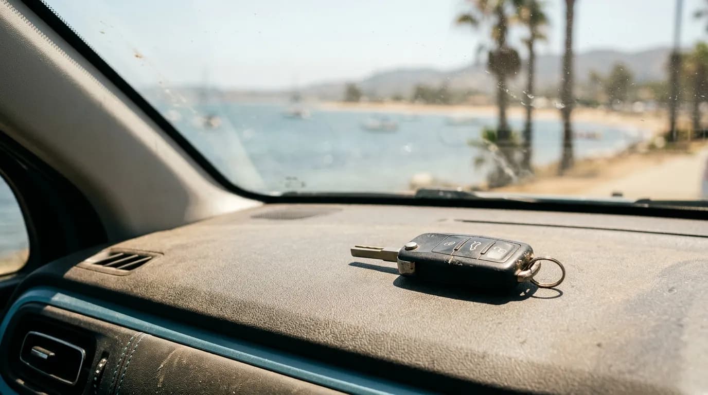 A car key fob resting on a sun-baked car dashboard with a hazy coastal view through the windscreen