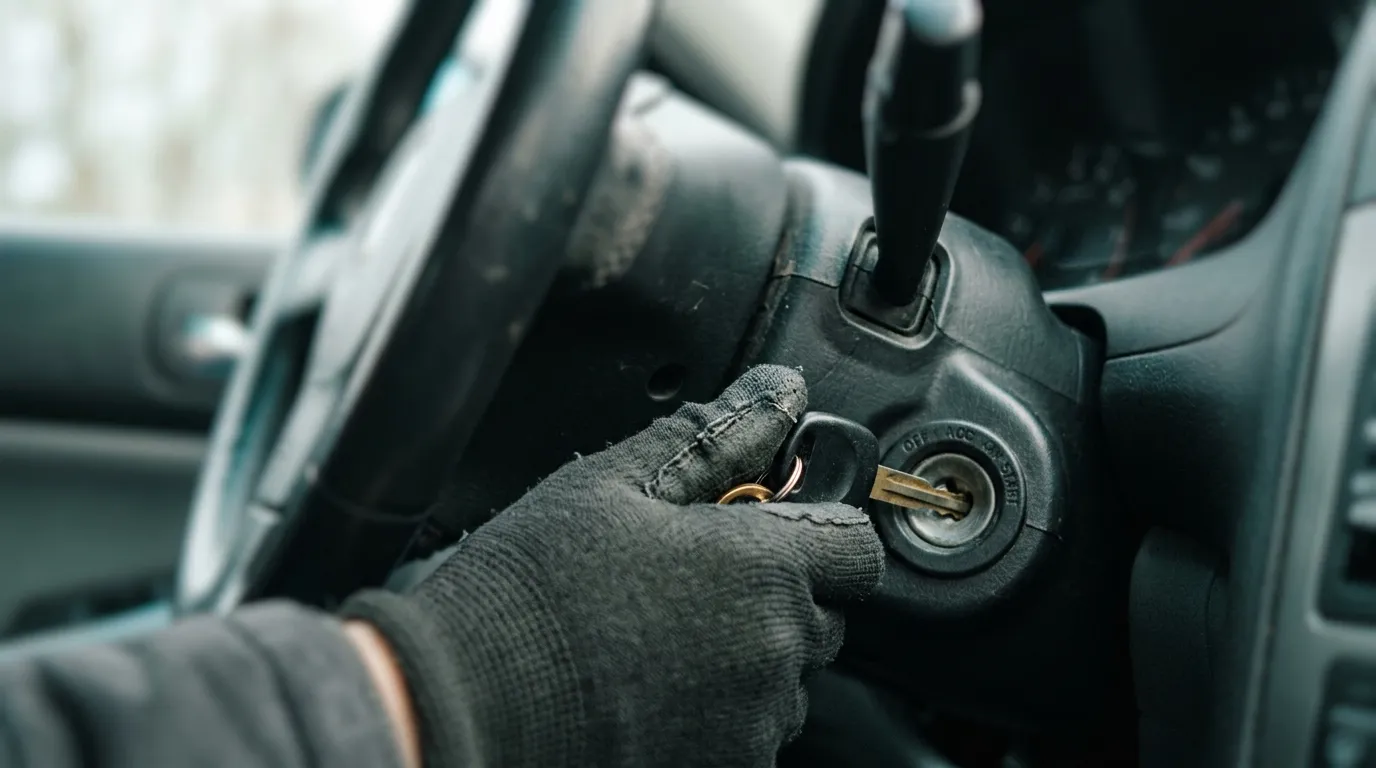 A hand gently turning a key in a car ignition barrel below the steering column