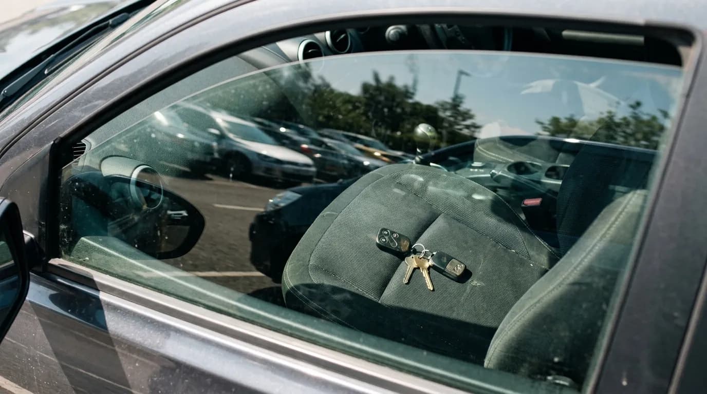 A set of car keys sitting on the driver's seat of a locked car seen through the window