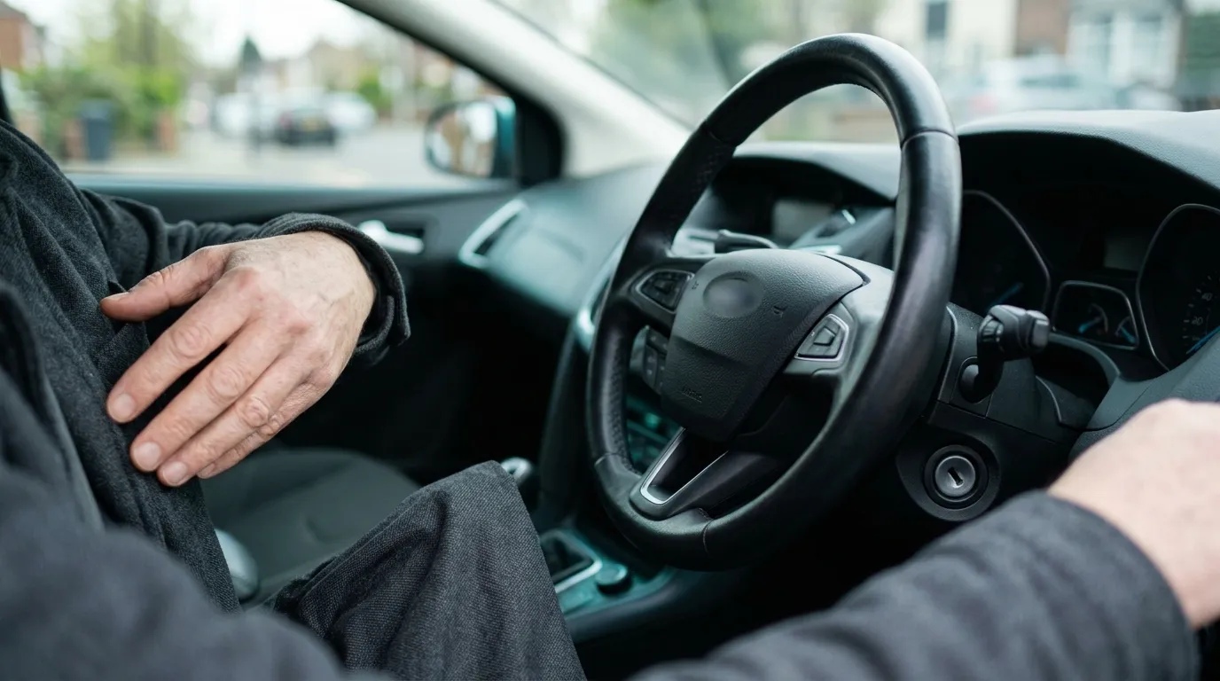 An empty car ignition and a driver's hand searching an empty pocket beside a steering wheel
