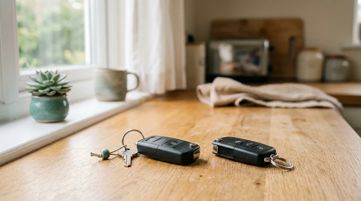 Two matching car keys resting on a kitchen bench, one clearly a spare set aside