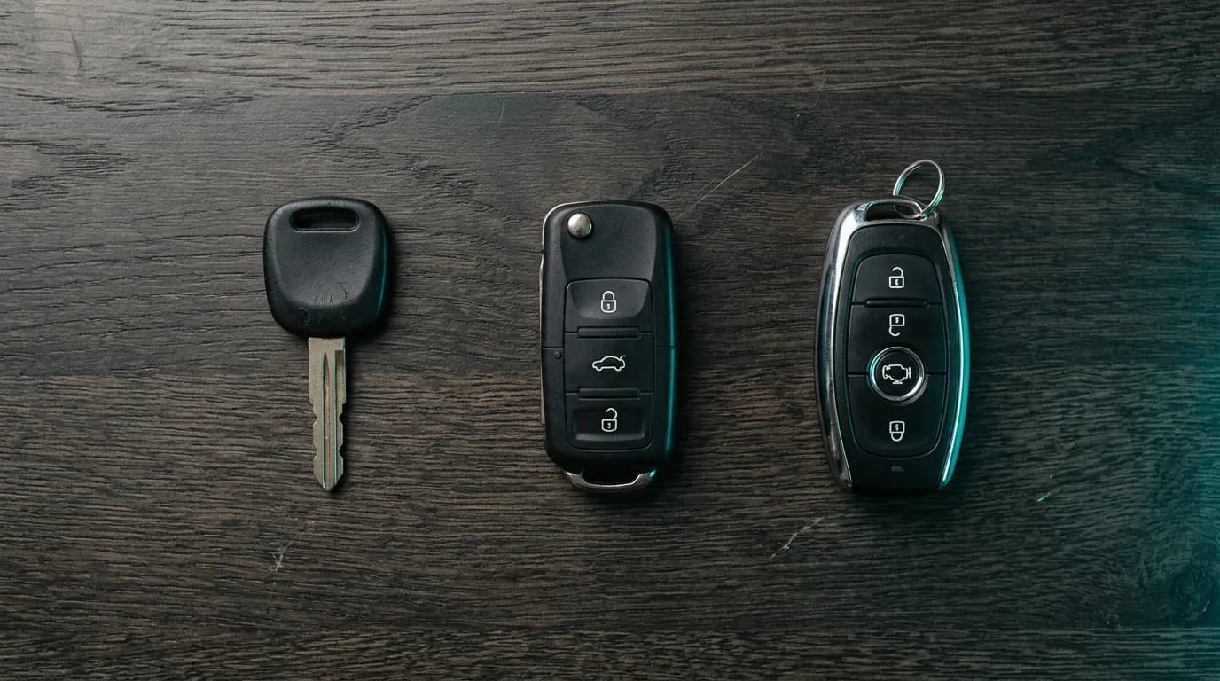 Three types of car keys laid out on a table: a plain transponder key, a flip remote, and a push-button smart fob