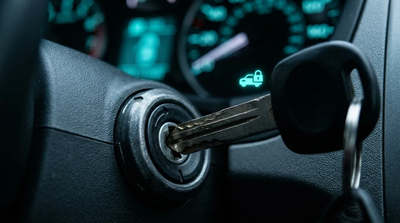 A newly cut car key inserted in an ignition barrel with the dashboard immobiliser warning light glowing